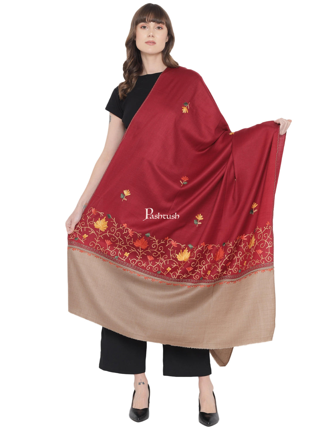 Pashtush India Womens Shawls Pashtush Womens Woollen Shawl, Stitched Palla, Kashmiri Aari Embroidery, Maroon