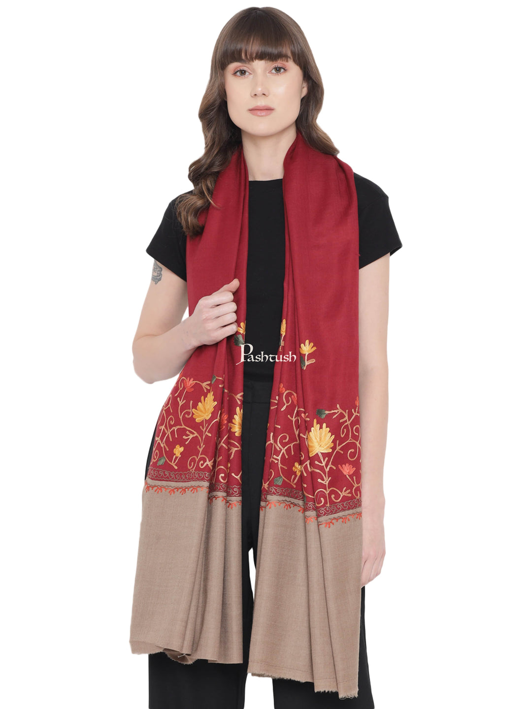 Pashtush India Womens Shawls Pashtush Womens Woollen Shawl, Stitched Palla, Kashmiri Aari Embroidery, Maroon
