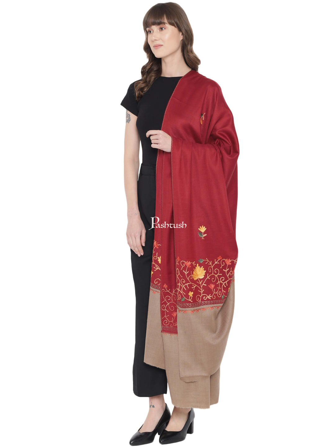 Pashtush India Womens Shawls Pashtush Womens Woollen Shawl, Stitched Palla, Kashmiri Aari Embroidery, Maroon