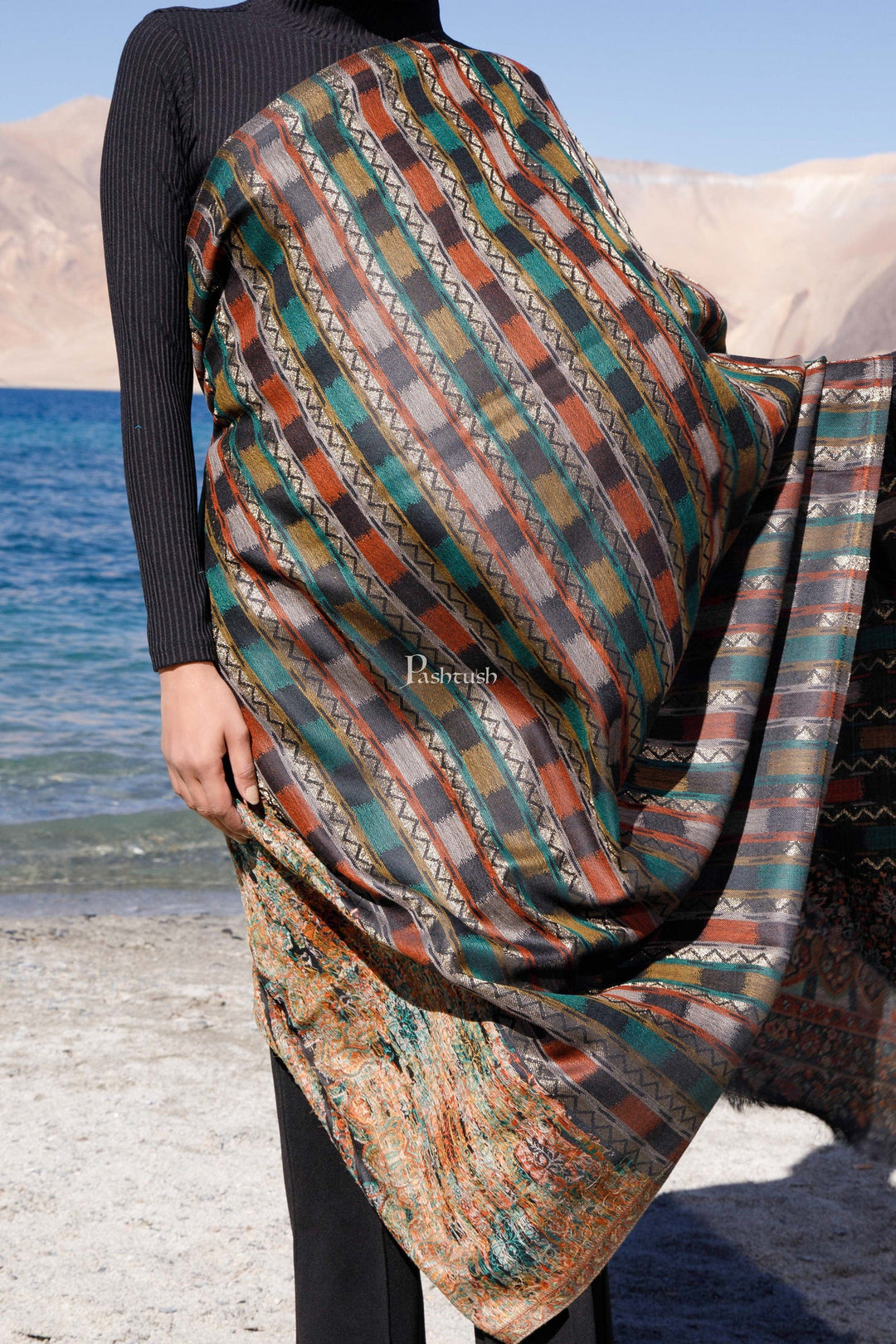 Pashtush India Womens Shawls Pashtush Womens Woollen Shawl, Striped, Woven Design, Black