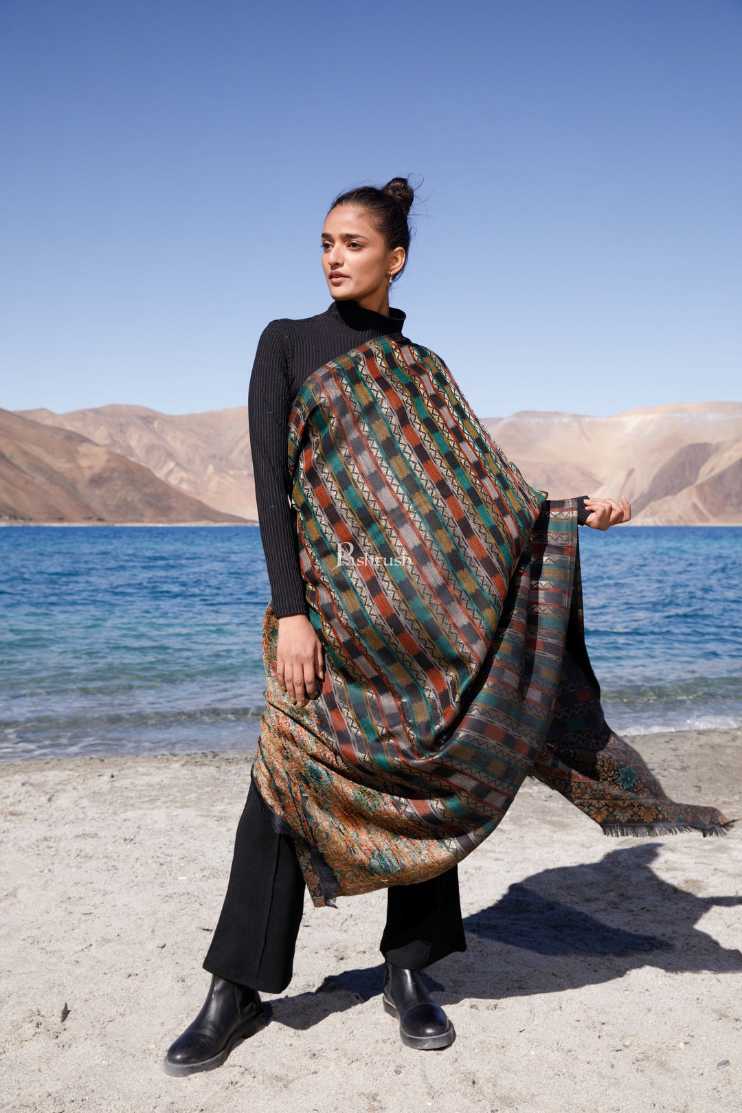 Pashtush India Womens Shawls Pashtush Womens Woollen Shawl, Striped, Woven Design, Black