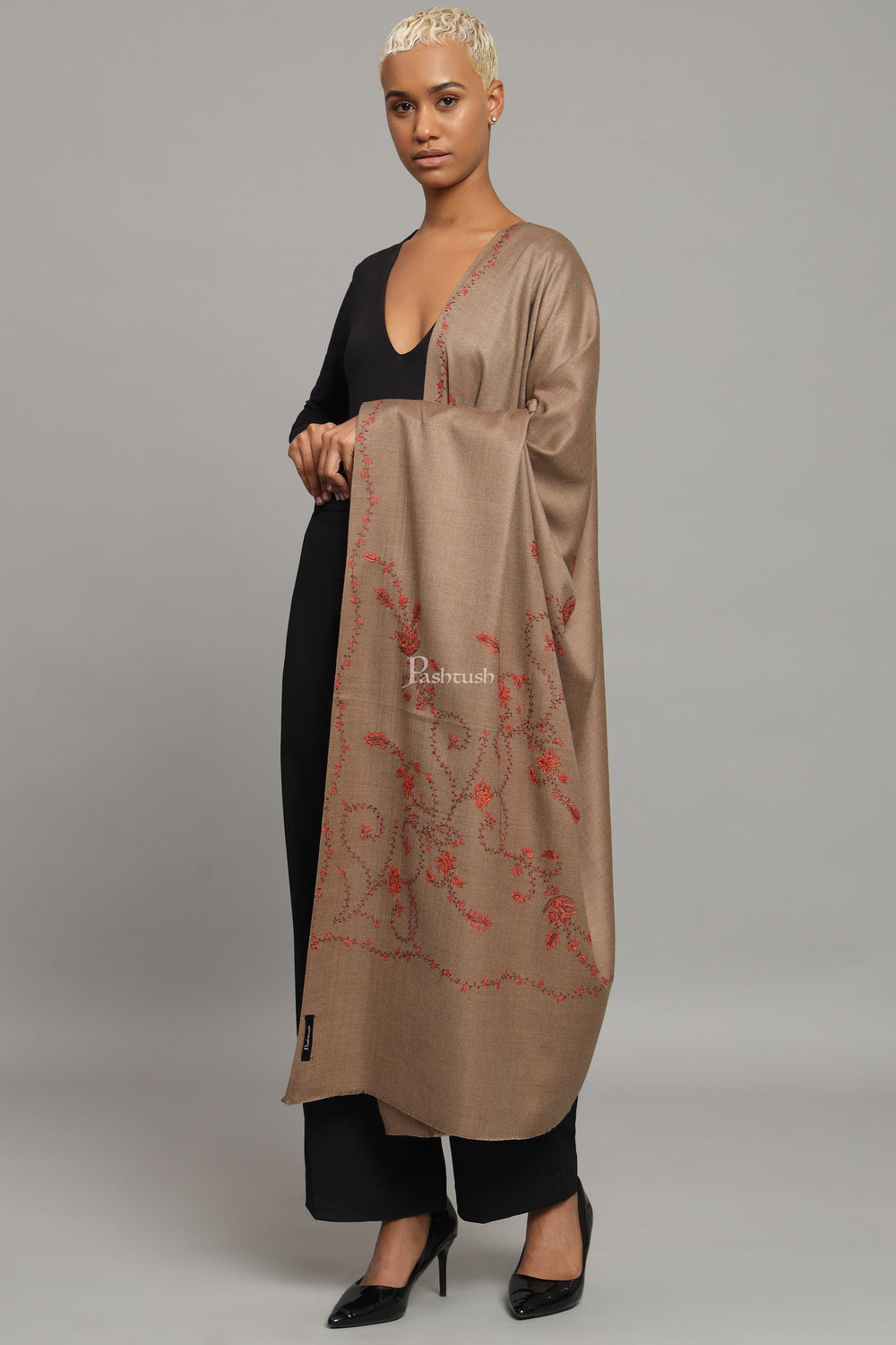 Pashtush India Womens Shawls Pashtush Womens Woollen Shawl, Thick And Warm, Kashmiri Hand Embroidery, Design, Taupe