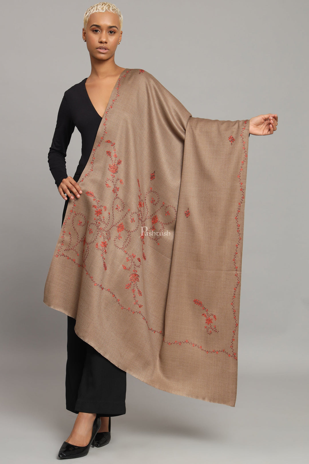 Pashtush India Womens Shawls Pashtush Womens Woollen Shawl, Thick And Warm, Kashmiri Hand Embroidery, Design, Taupe