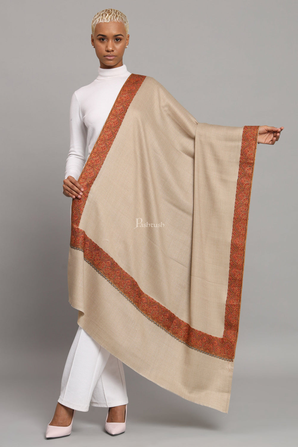 Pashtush India Womens Shawls Pashtush Womens Woollen Shawl, Thick Woollen, Kashmiri Embroidery Design, Beige