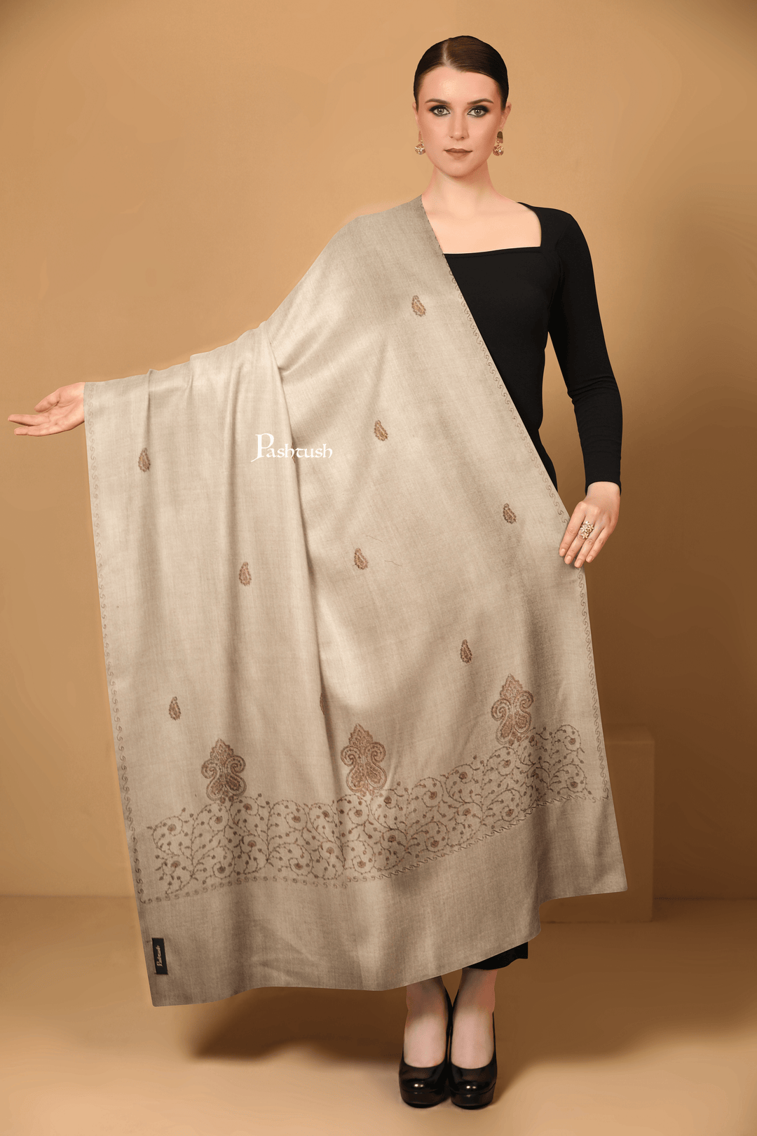 Pashtush India Womens Shawls Pashtush Womens Woollen Shawl, Tone On Tone Palla Design, Taupe