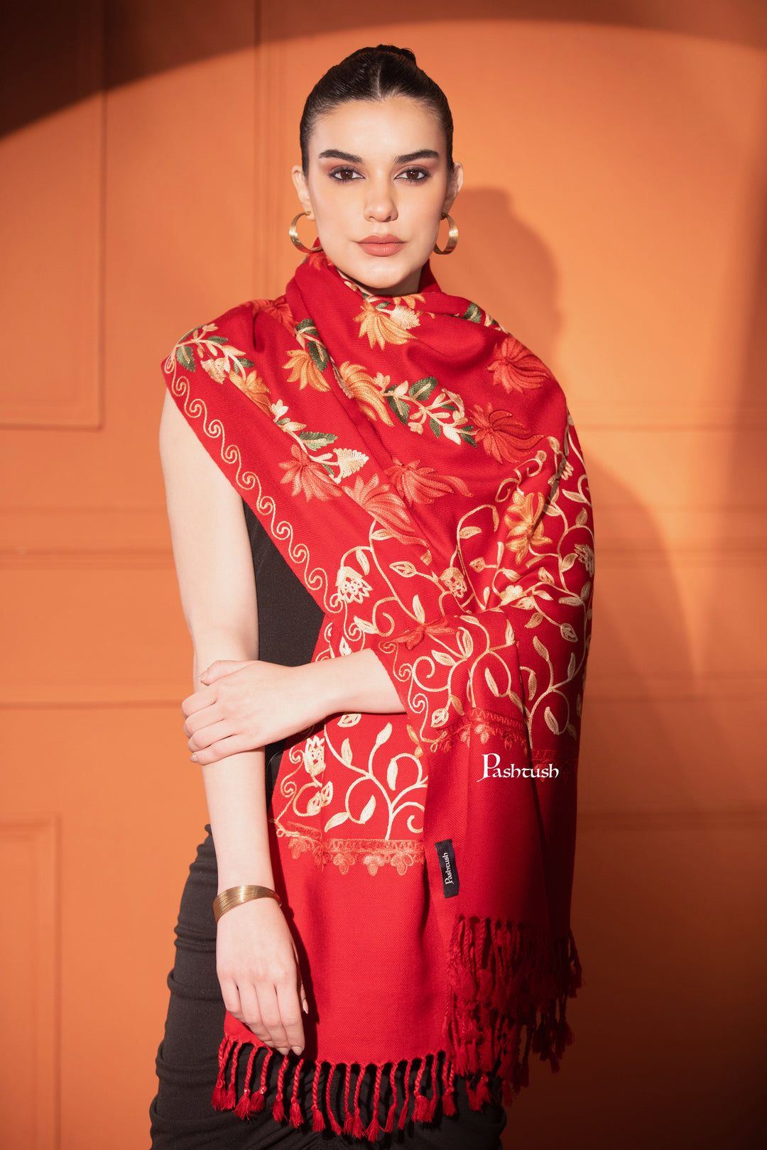 Pashtush India Womens Stoles and Scarves Scarf Pashtush Womens Woollen Stole, Aari Embroidery, Kashmiri Design, Red