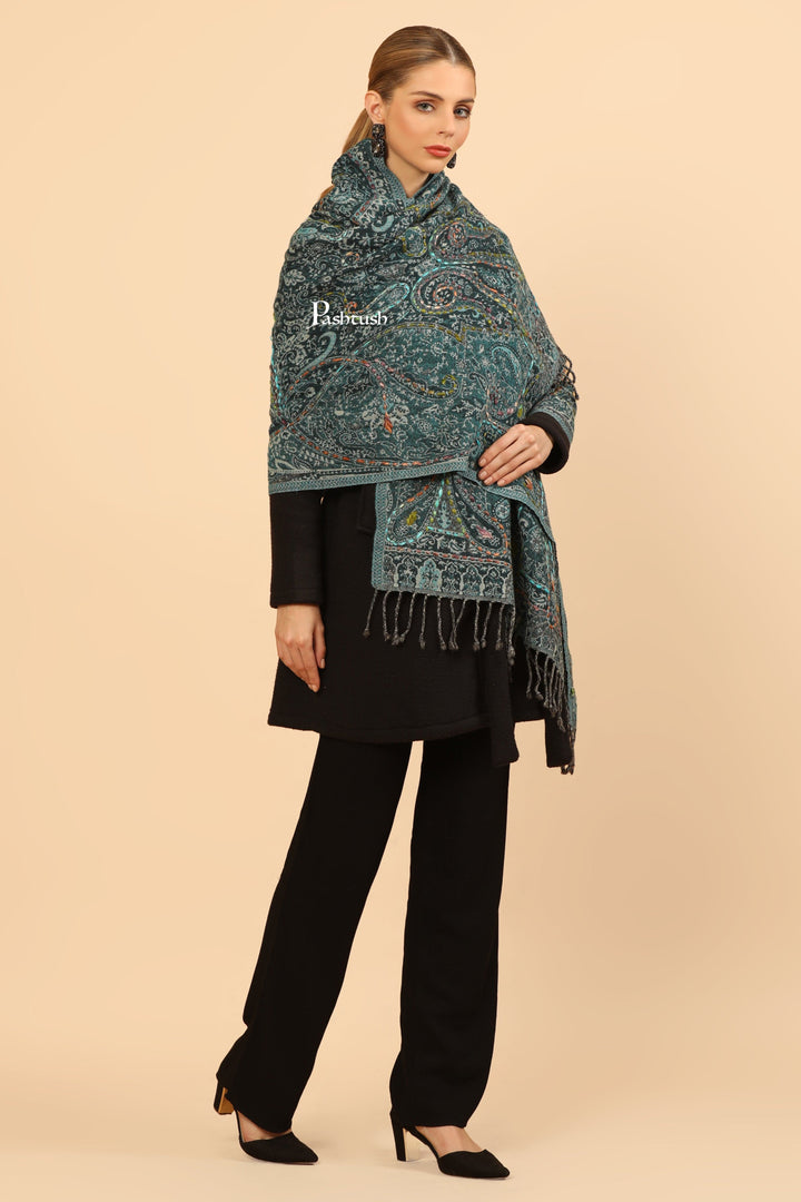 Pashtush India Womens Stoles Pashtush Womens Woollen Stole, Hand Embroidery  Design, Ice Blue