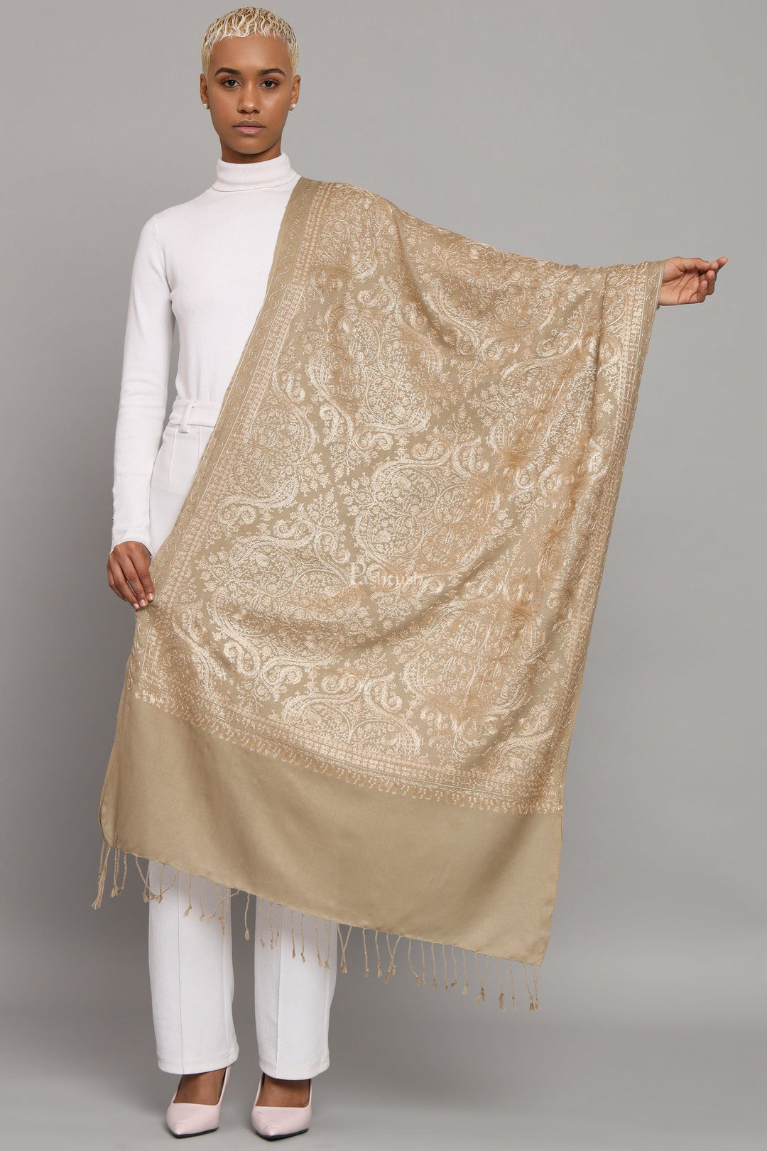 Pashtush India Womens Stoles Pashtush Womens Woollen Stole, Nalki Embroidery Tone On Tone  Design, Taupe