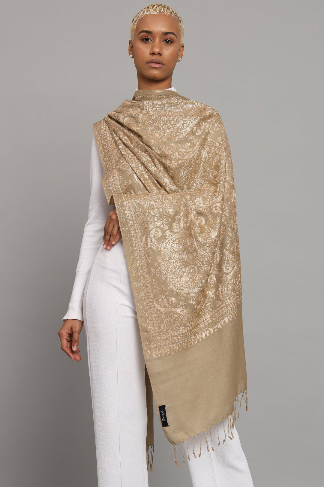 Pashtush India Womens Stoles Pashtush Womens Woollen Stole, Nalki Embroidery Tone On Tone  Design, Taupe