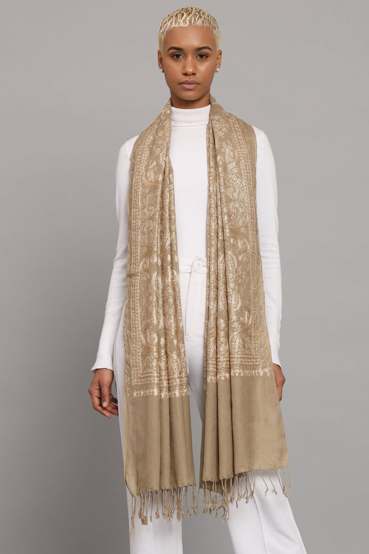 Pashtush India Womens Stoles Pashtush Womens Woollen Stole, Nalki Embroidery Tone On Tone  Design, Taupe