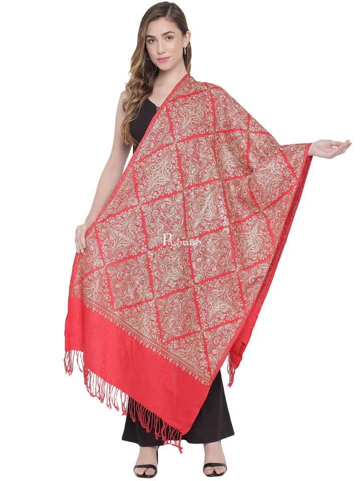 Pashtush India Womens Stoles and Scarves Scarf Pashtush Womens Woollen Stole, Silky Nalki Embroidery Needlework Stole, red