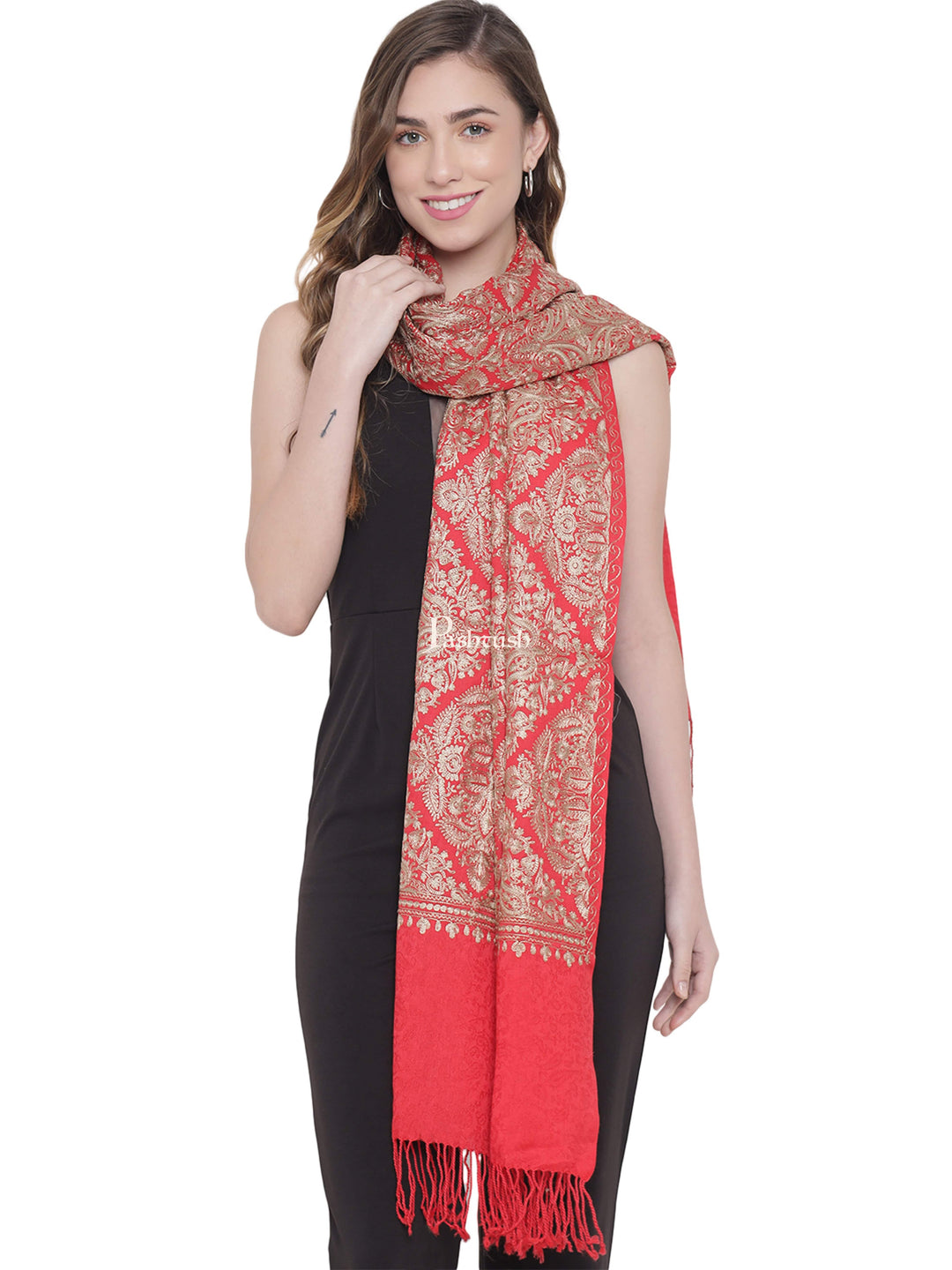 Pashtush Womens Woollen Stole, Silky Nalki Embroidery Needlework