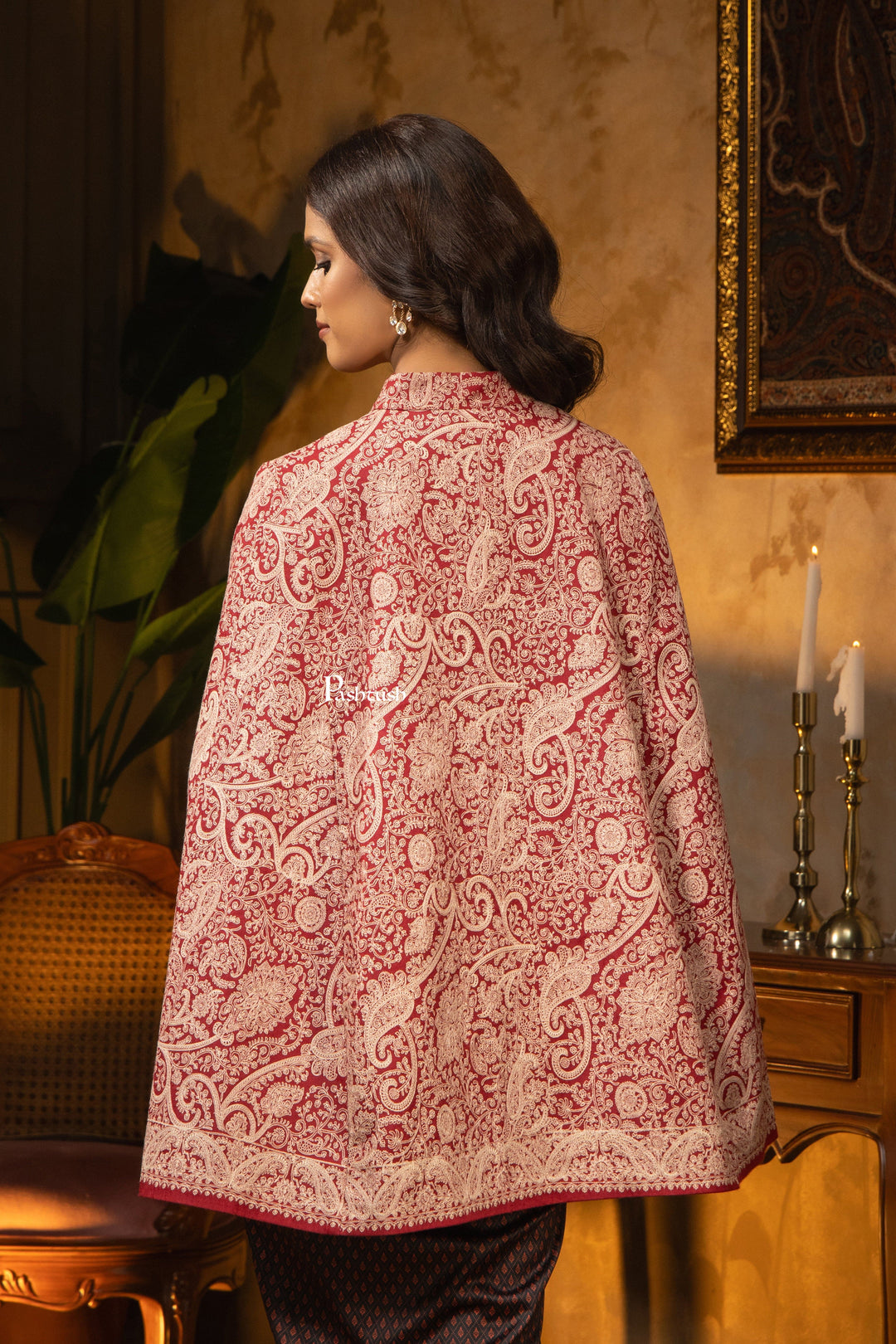 Pashtush Shawl Store Coats & Jackets Pashtush Womens Woven Jacket, Embroidery Design, Maroon