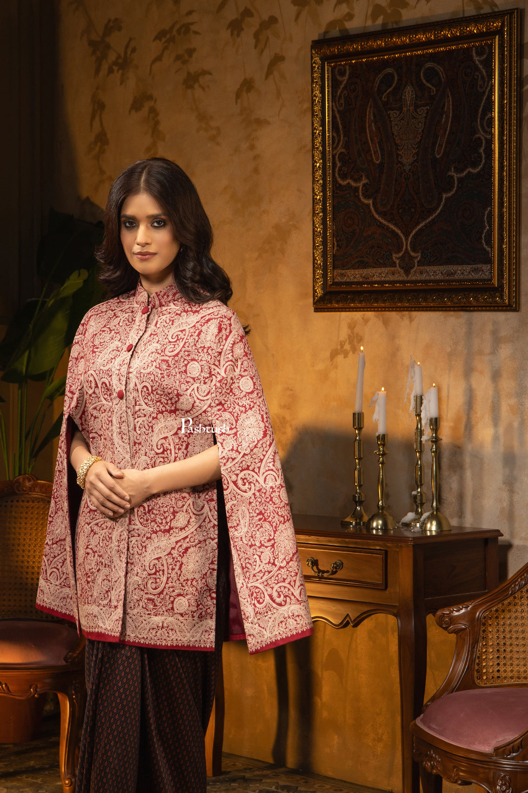 Pashtush Shawl Store Coats & Jackets Pashtush Womens Woven Jacket, Embroidery Design, Maroon
