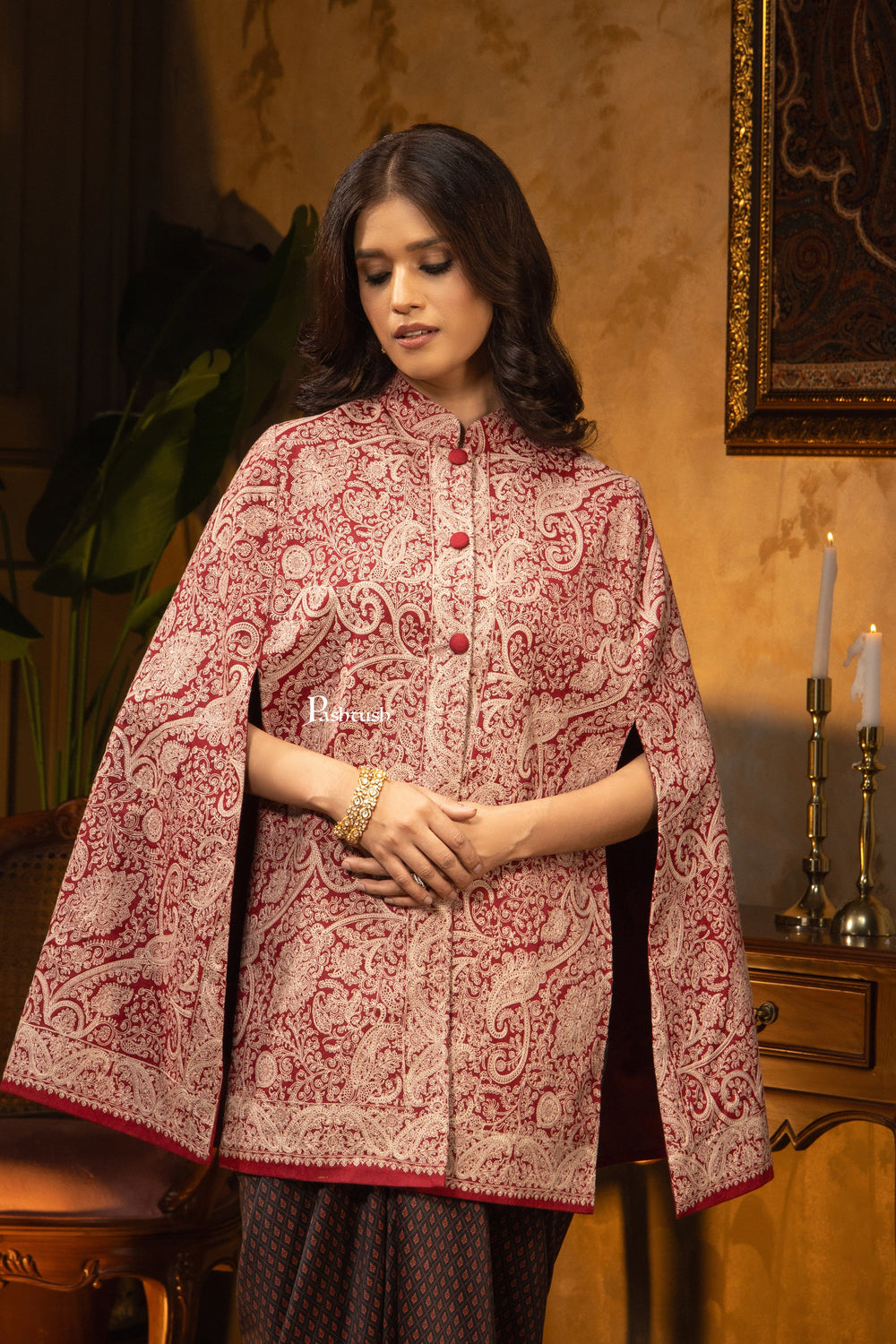 Pashtush Shawl Store Coats & Jackets Pashtush Womens Woven Jacket, Embroidery Design, Maroon