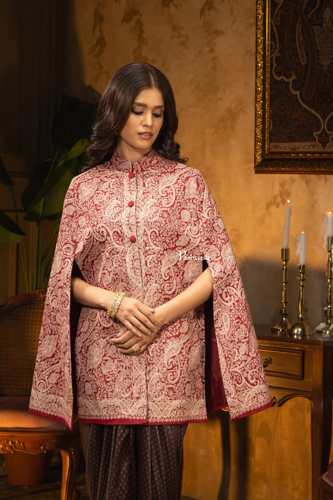 Pashtush Shawl Store Coats & Jackets Pashtush Womens Woven Jacket, Embroidery Design, Maroon