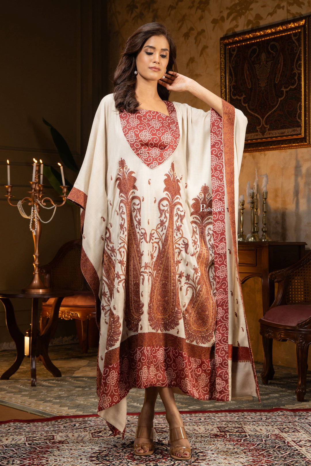 Pashtush Shawl Store Dress Pashtush Womens Woven Kaftan Dress, Embroidery Design, Beige
