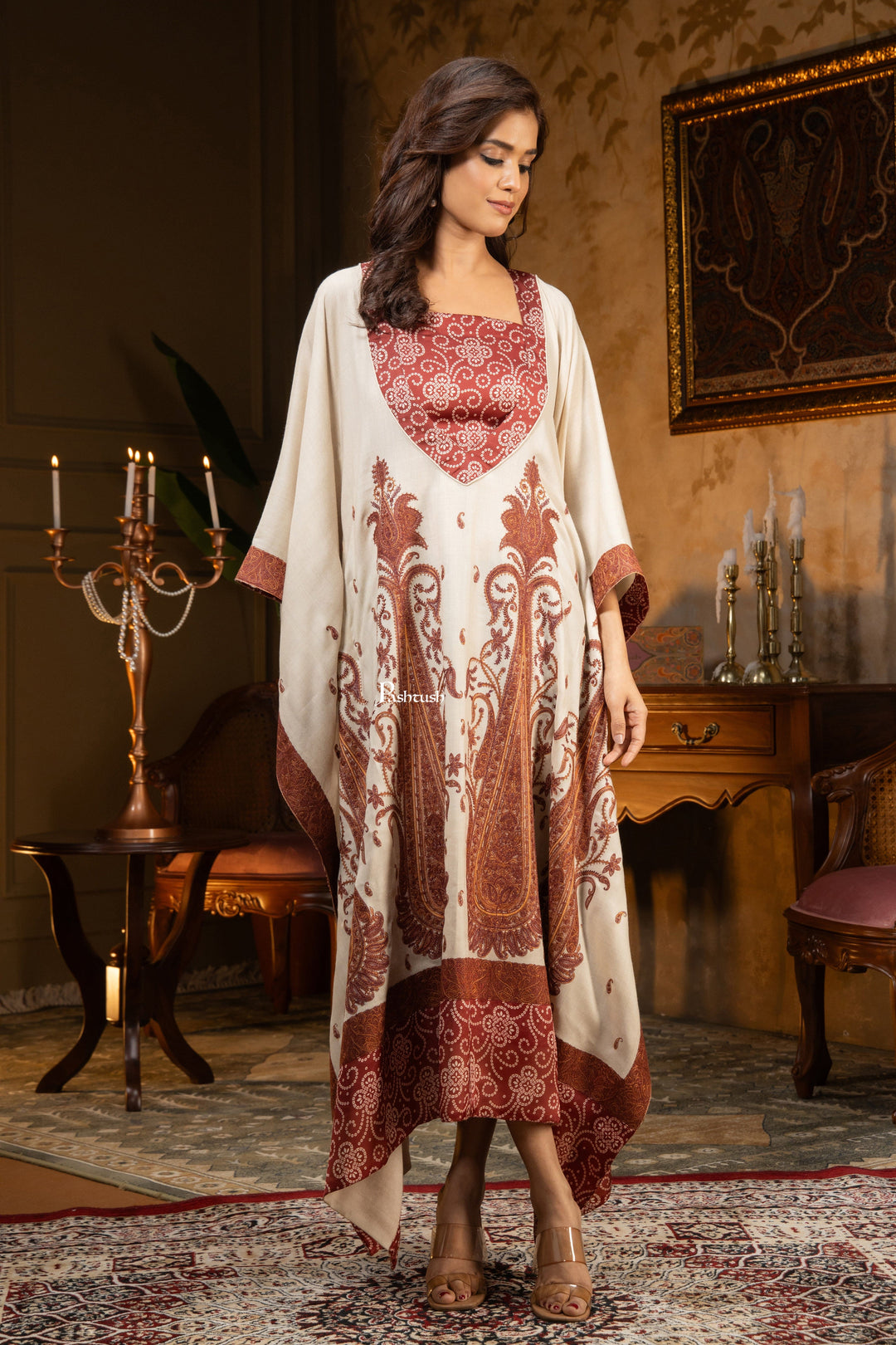 Pashtush Shawl Store Dress Pashtush Womens Woven Kaftan Dress, Embroidery Design, Beige