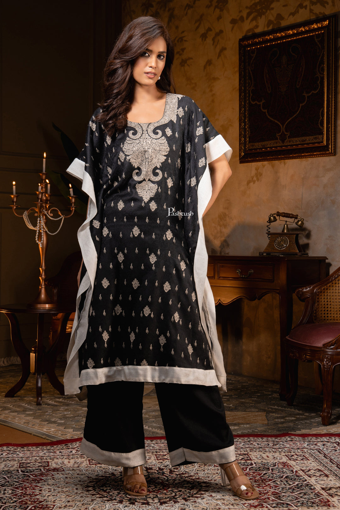 Pashtush Shawl Store Dress Pashtush Womens Woven Kaftan Dress, Embroidery Design, Black