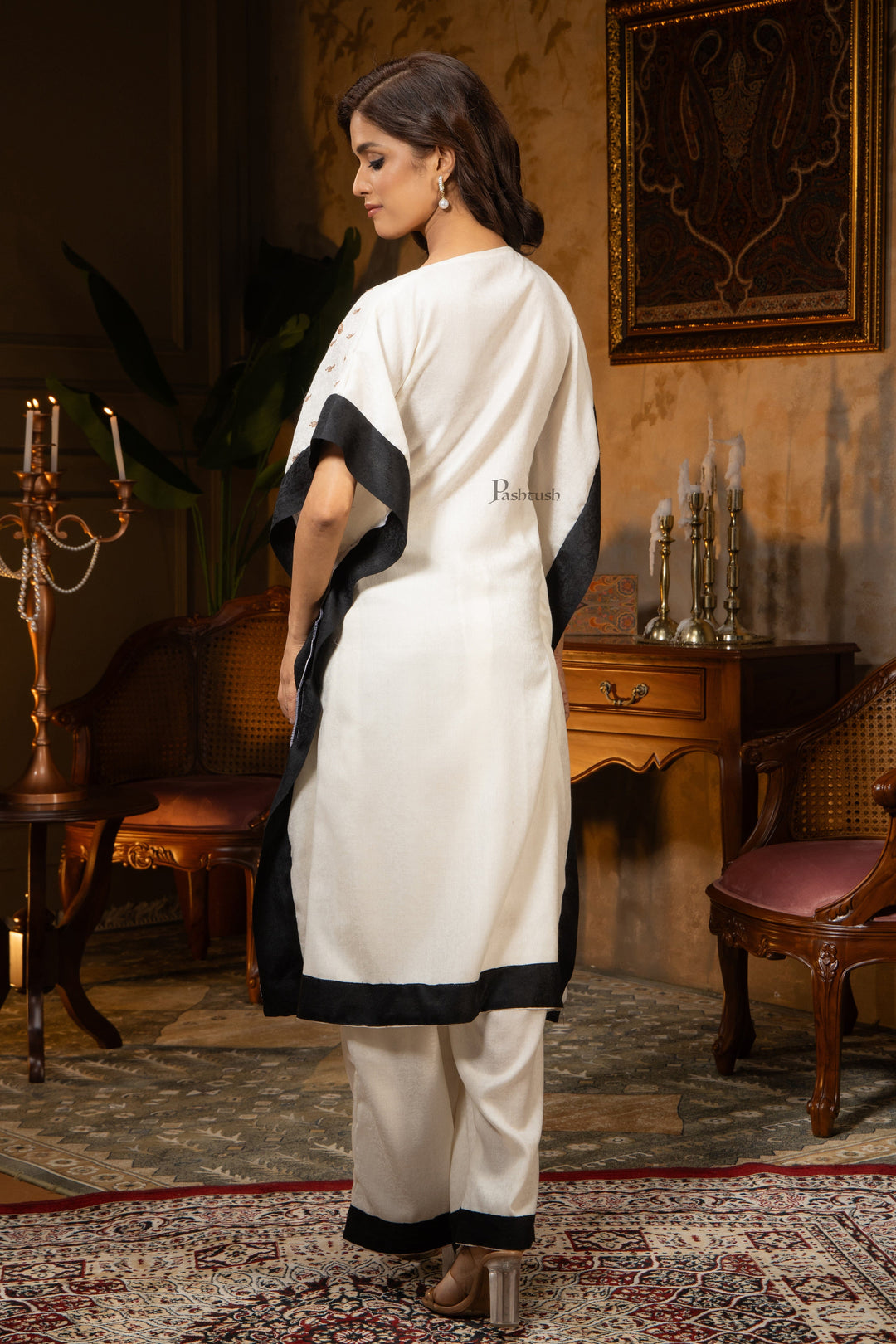 Pashtush Shawl Store Dress Pashtush Womens Woven Kaftan Dress, Embroidery Design, Ivory