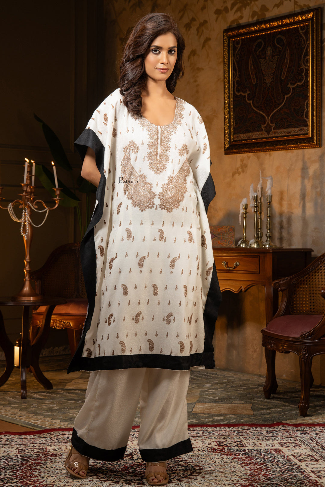 Pashtush Shawl Store Dress Pashtush Womens Woven Kaftan Dress, Embroidery Design, Ivory