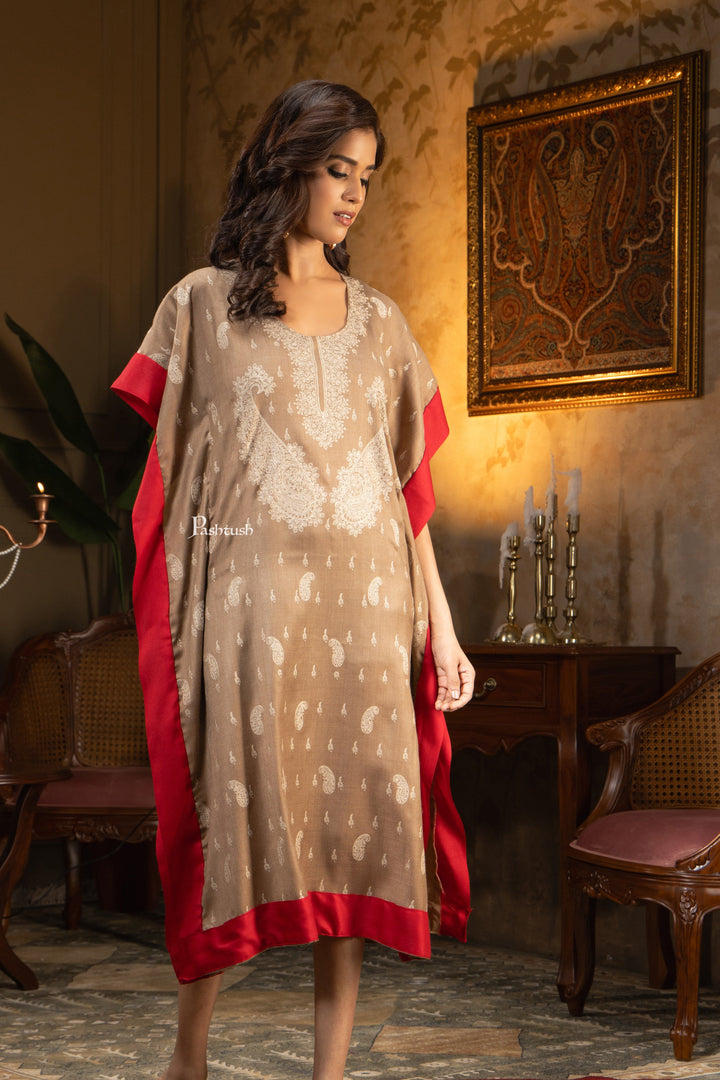 Pashtush Shawl Store Dress Pashtush Womens Woven Kaftan Dress, Embroidery Design, Taupe