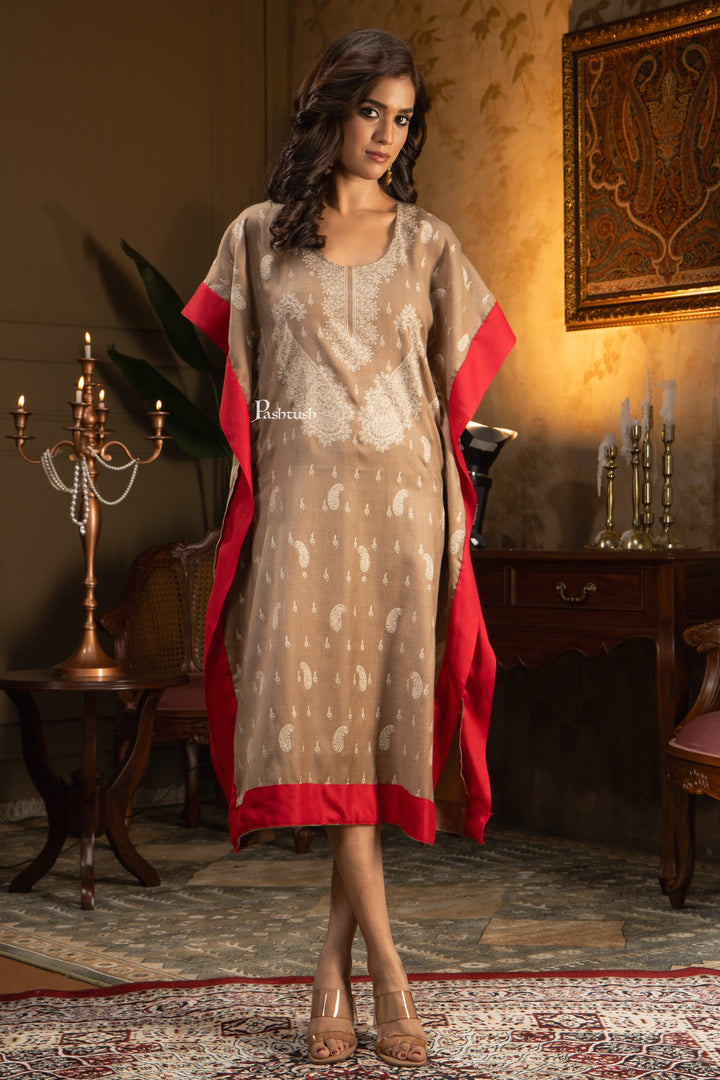 Pashtush Shawl Store Dress Pashtush Womens Woven Kaftan Dress, Embroidery Design, Taupe