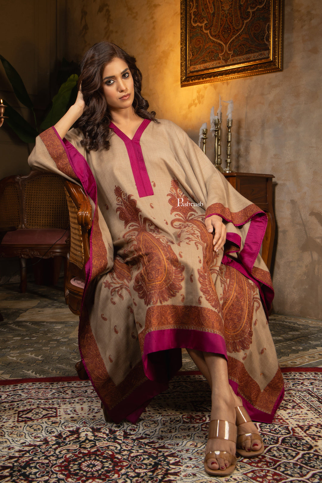 Pashtush Shawl Store Dress Pashtush Womens Woven Kaftan Dress, Embroidery Design, Taupe