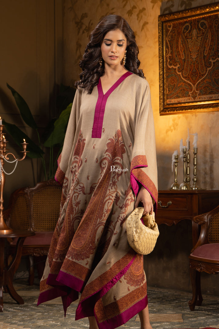 Pashtush Shawl Store Dress Pashtush Womens Woven Kaftan Dress, Embroidery Design, Taupe