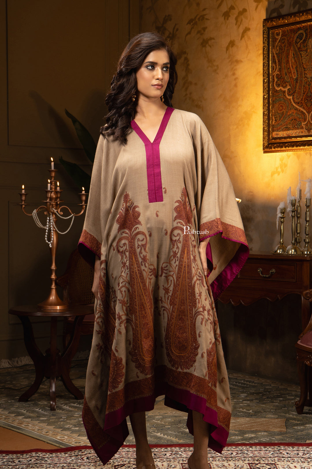 Pashtush Shawl Store Dress Pashtush Womens Woven Kaftan Dress, Embroidery Design, Taupe