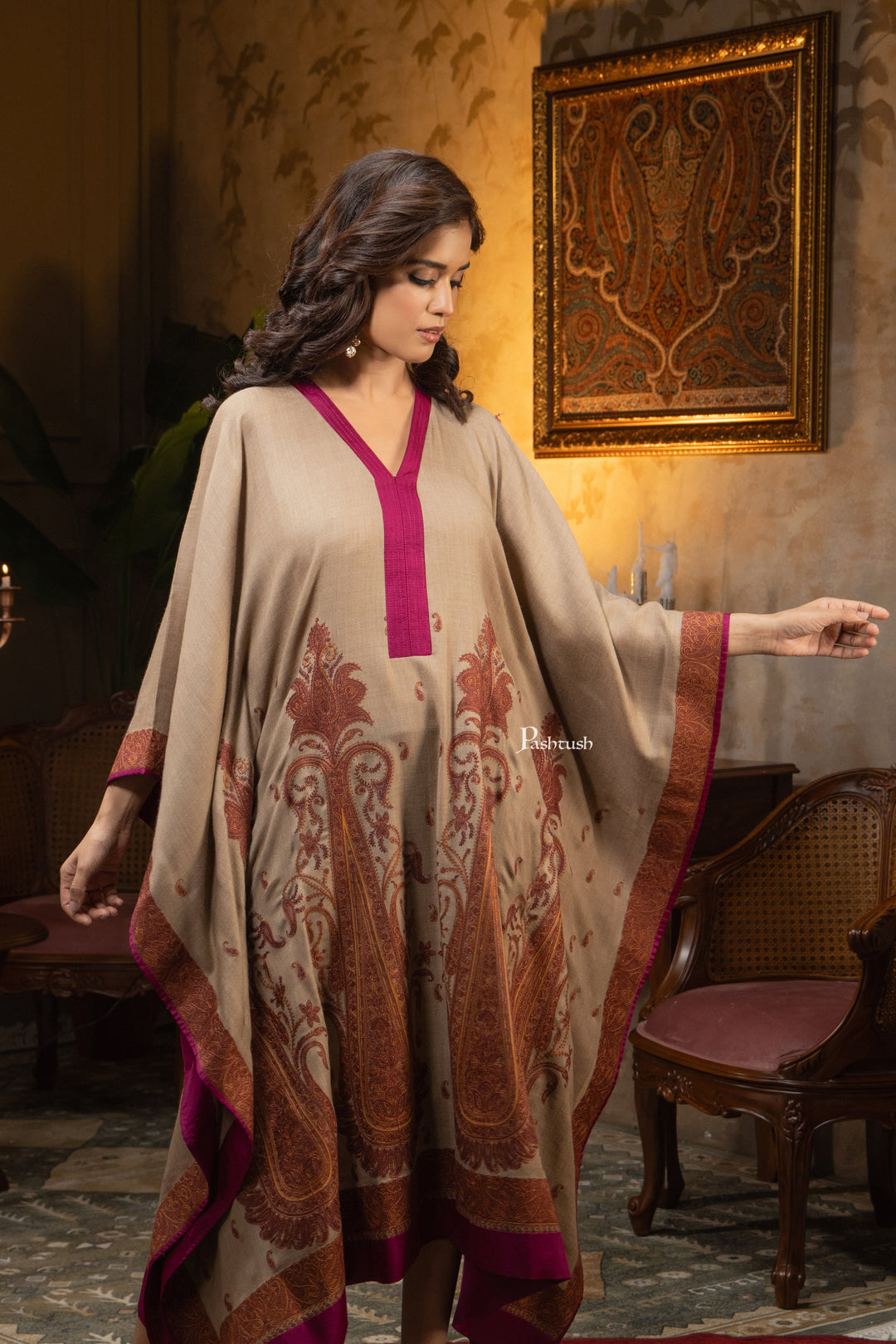 Pashtush Shawl Store Dress Pashtush Womens Woven Kaftan Dress, Embroidery Design, Taupe