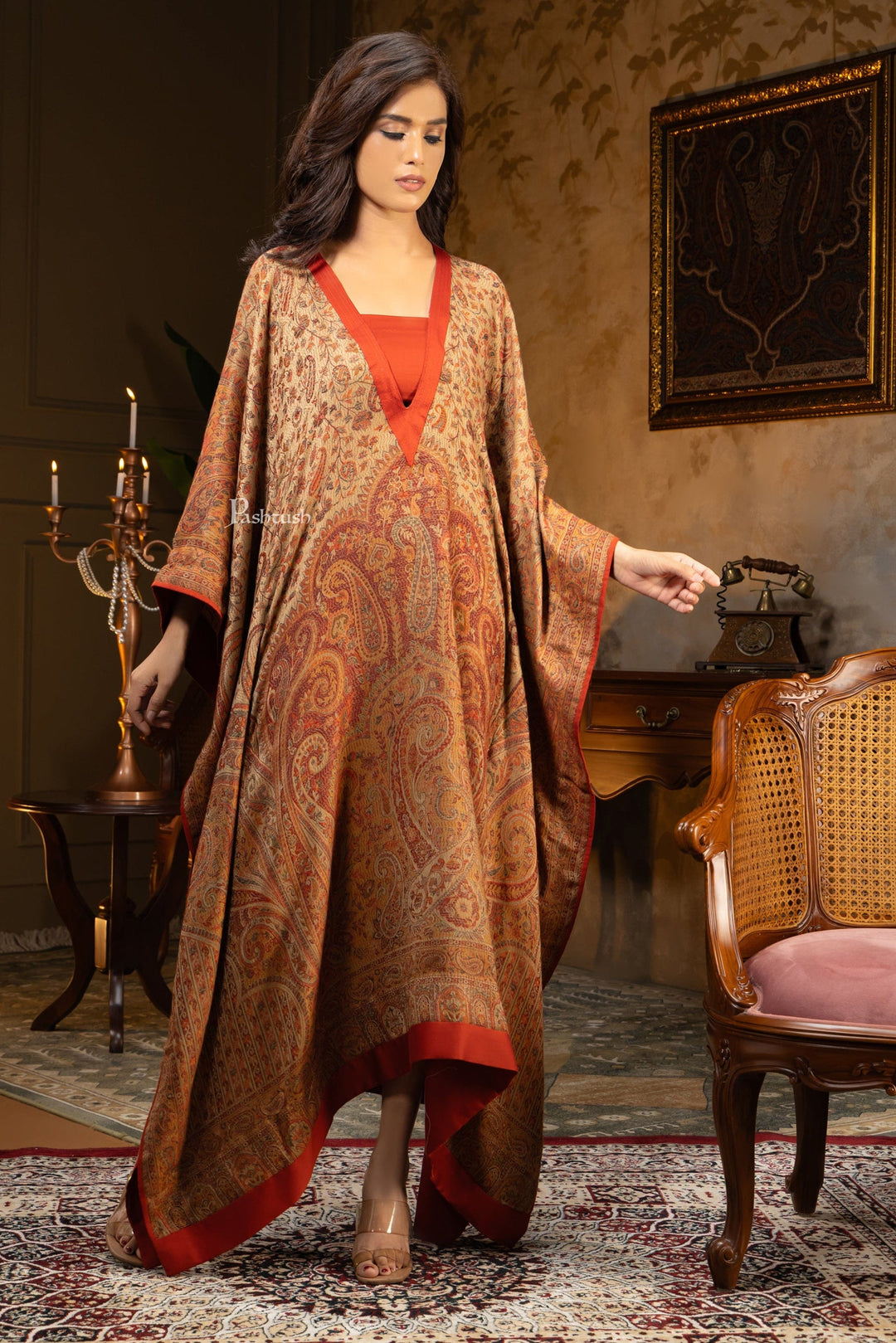 Pashtush Womens Woven Kaftan Dress, Jamawar Design, Taupe Pashtush Shawl Store Pashtush Womens Woven Kaftan Dress, Jamawar Design, Taupe Pashtush Shawl Store