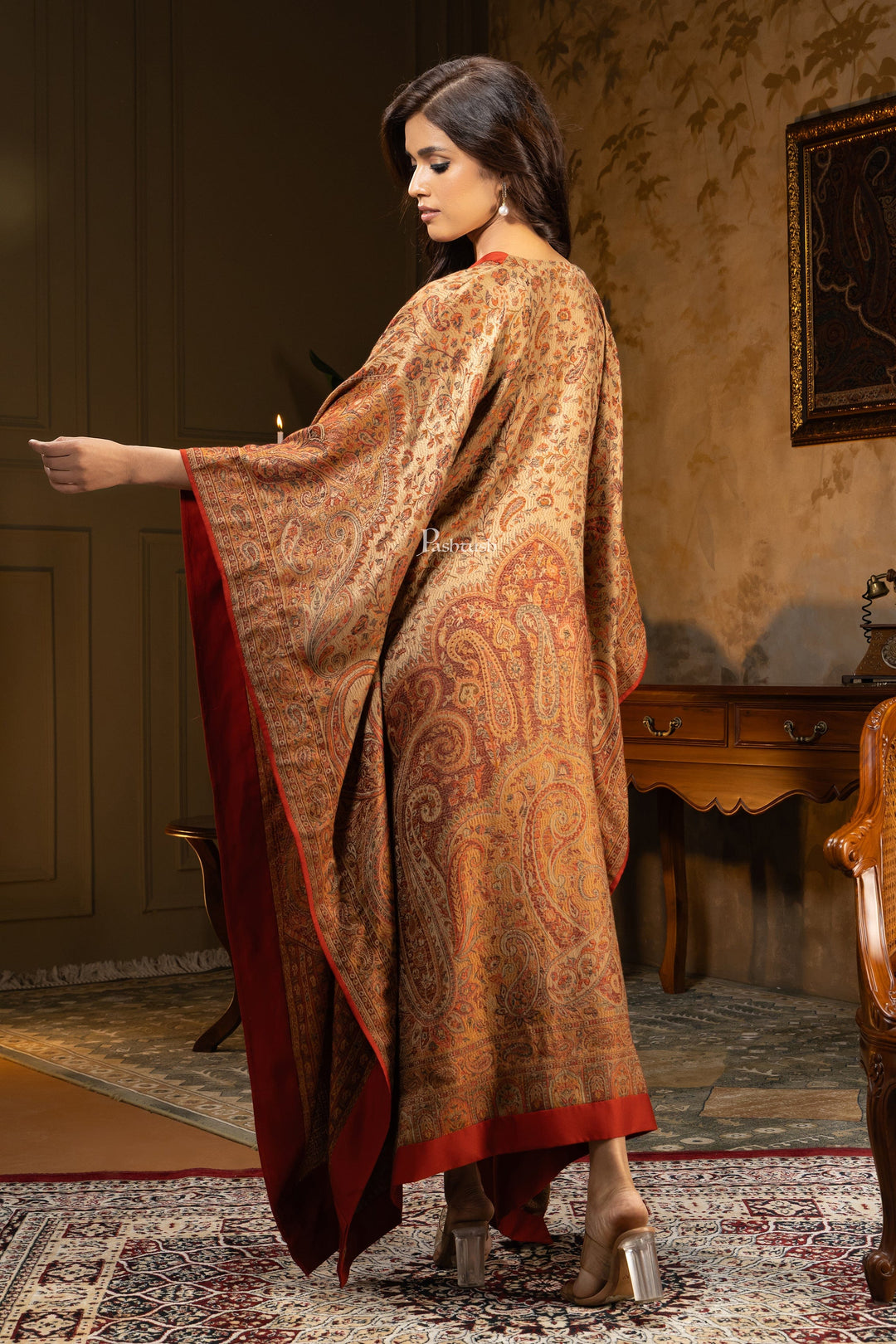 Pashtush Womens Woven Kaftan Dress, Jamawar Design, Taupe – Pashtush Shawl Store