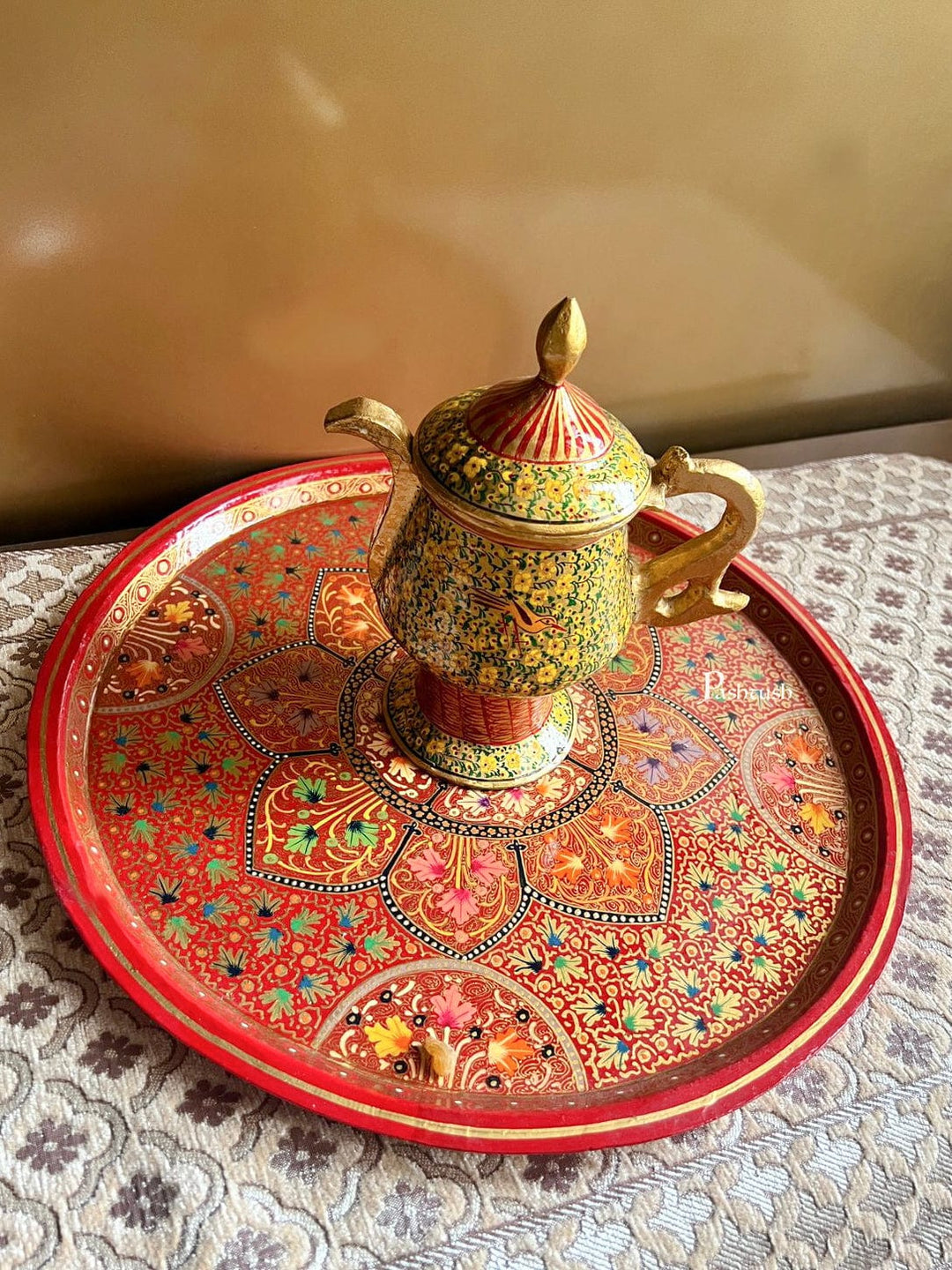 Pashtush Shawl Store Papier Mache Home Decor Products Pashtush Wooden Papier Mache 100% Handmade Decorative Plate with Kettle, Kashmiri Art