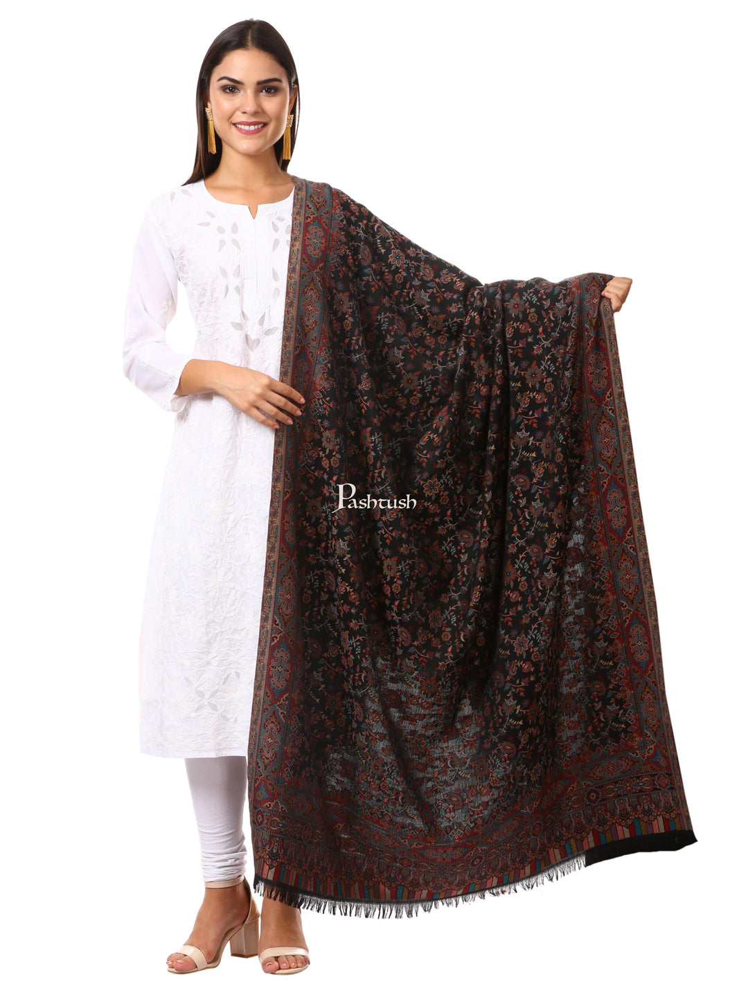 Pashtush India Womens Shawls Pashtush Woven Ethnic Shawl, Faux Pashmina Shawl, Soft And Warm (Black)