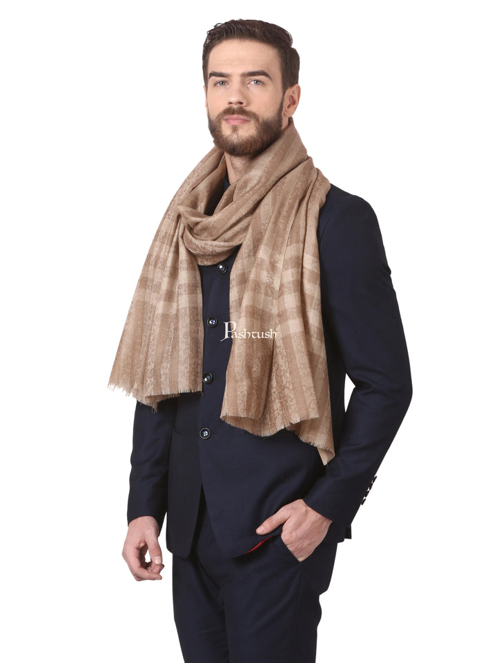 Pashtush India Mens Scarves Stoles and Mufflers Pashtush Woven Mens Fine Wool Stole, Check-Stipe Design, Taupe