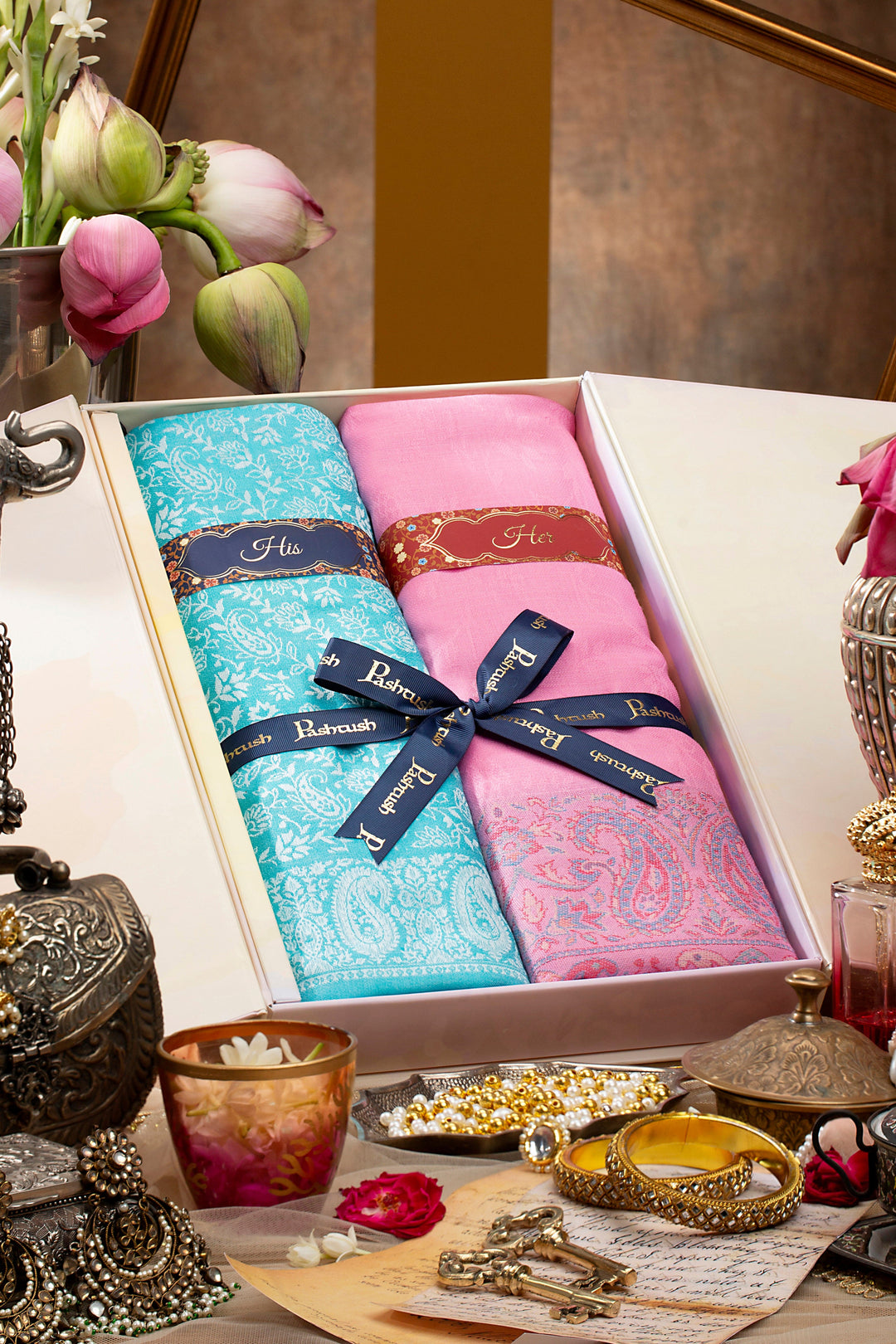 Pashtush India Gift Pack Pashutsh His and Her Set of Bamboo Stoles with Premium Gift Box Packaging, Arabic Sea Green and Pink