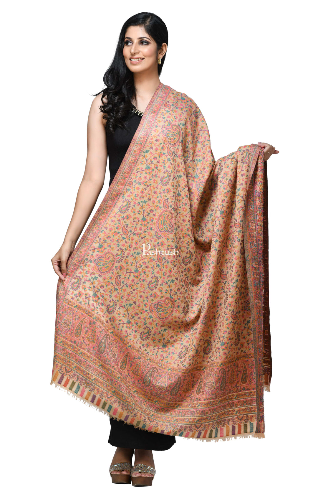 Pashwool Womens Shawls Pashwool Womens Ethnic Design Shawl, Light Weight, Soft And Warm, Beige