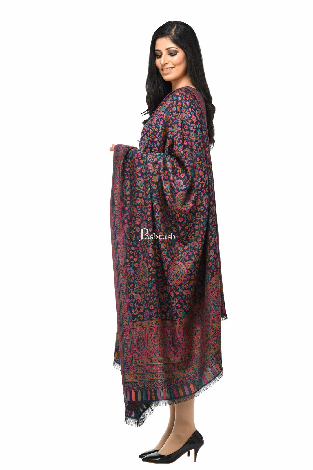 Pashwool Womens Shawls Pashwool Womens Ethnic Design Shawl, Light Weight, Soft And Warm, Navy Blue