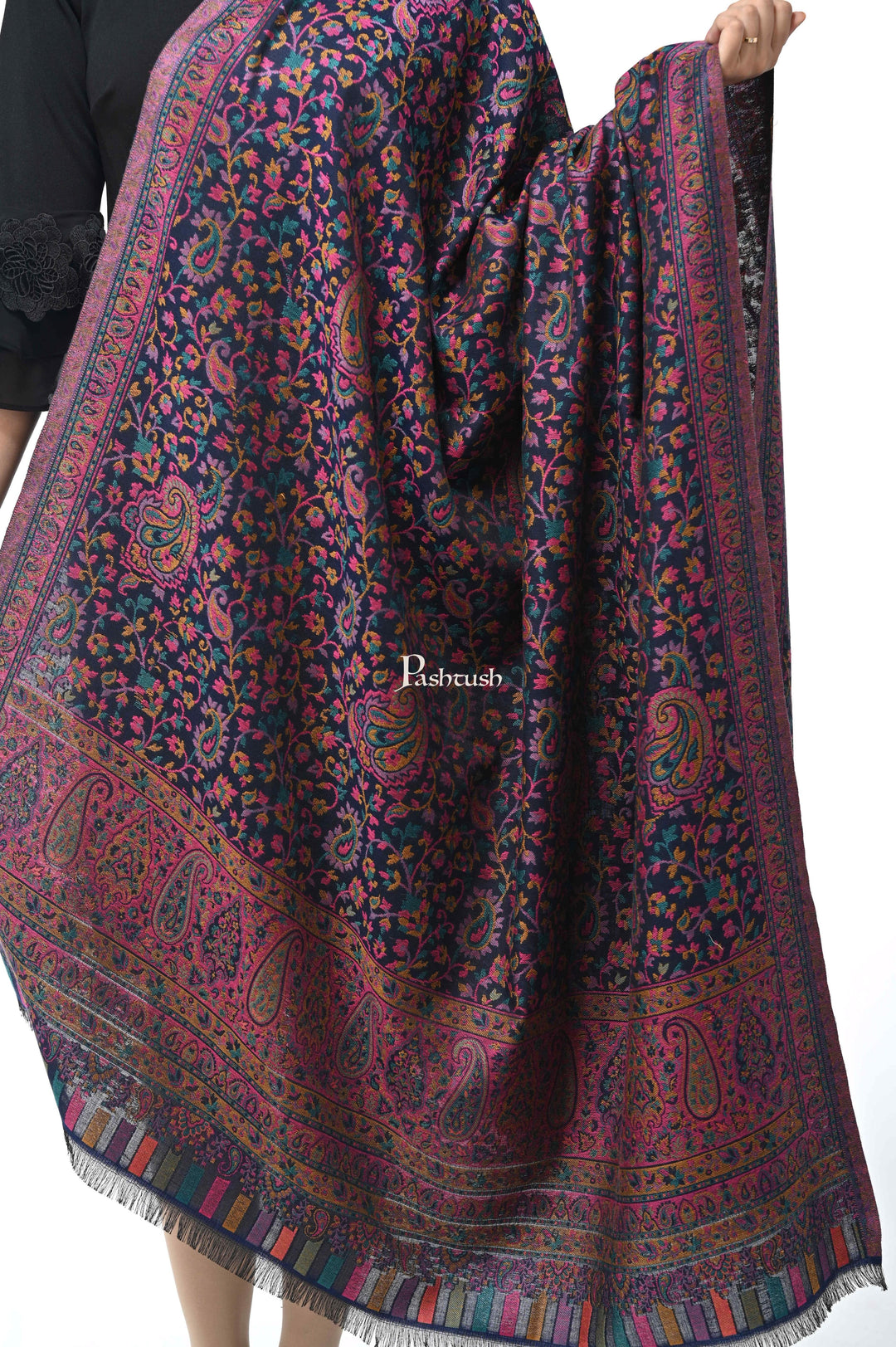 Pashwool Womens Shawls Pashwool Womens Ethnic Design Shawl, Light Weight, Soft And Warm, Navy Blue