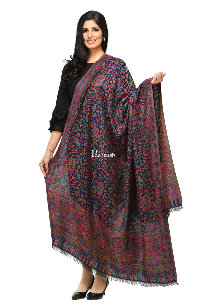 Pashwool Womens Shawls Pashwool Womens Ethnic Design Shawl, Light Weight, Soft And Warm, Navy Blue