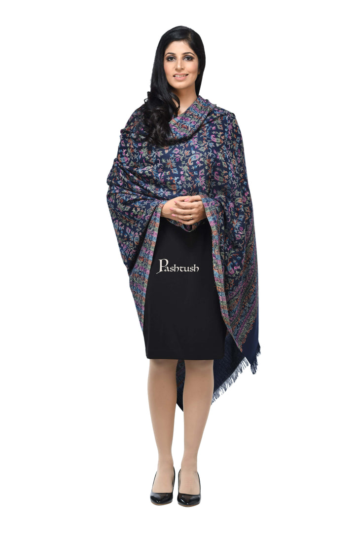 Pashwool Womens Shawls Pashwool Womens Ethnic Design Shawl, Light Weight, Soft And Warm Navy Blue