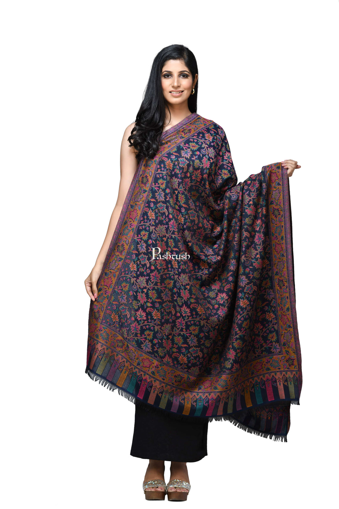 Pashwool Womens Shawls Pashwool Womens Ethnic Design Shawl, Light Weight, Soft And Warm , Navy Blue