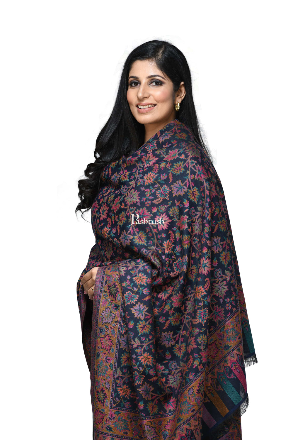 Pashwool Womens Shawls Pashwool Womens Ethnic Design Shawl, Light Weight, Soft And Warm , Navy Blue