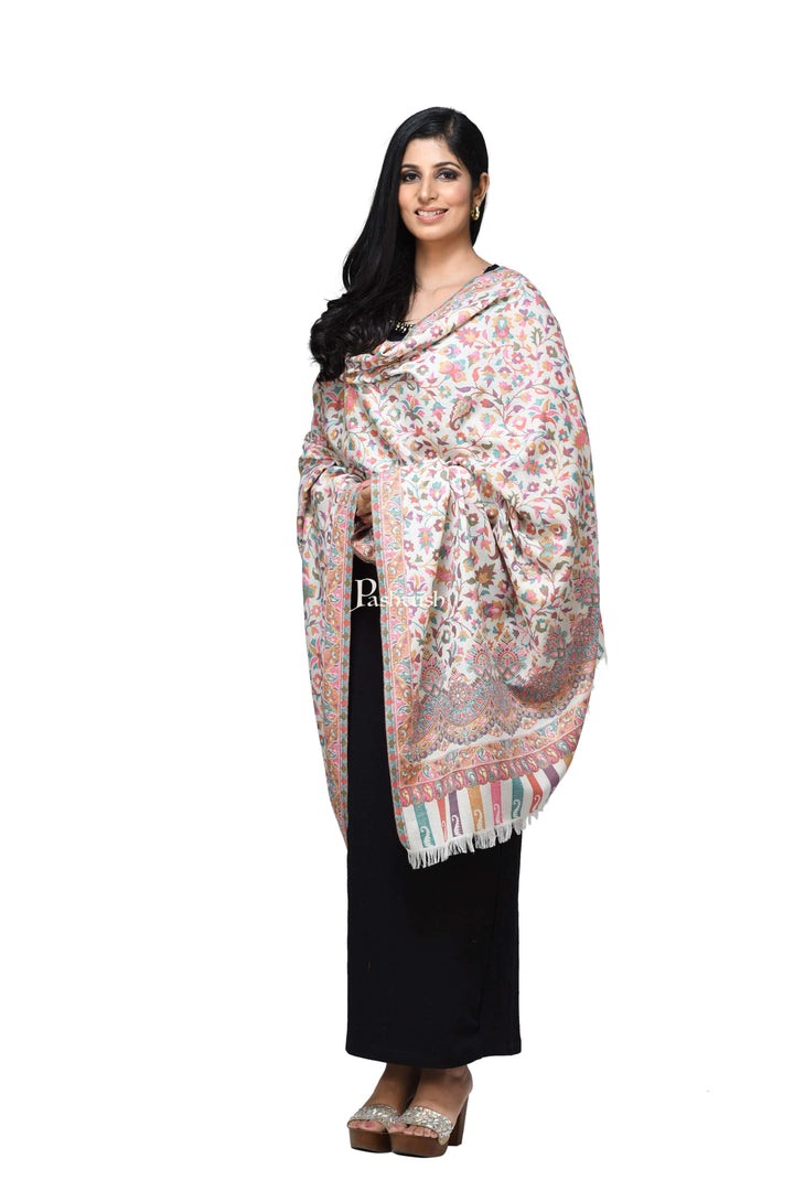 Pashwool Womens Shawls Pashwool Womens Ethnic Design Shawl, Light Weight, Soft And Warm, White