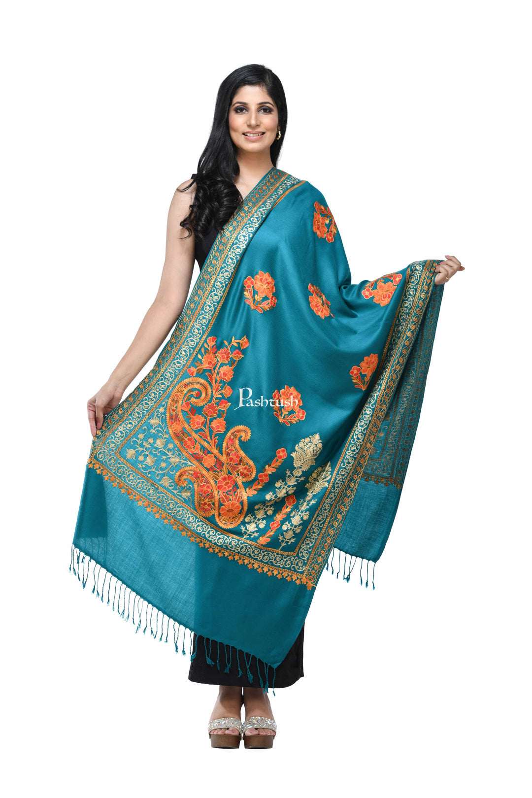 Pashwool Womens Stoles and Scarves Scarf Pashwool, Womens Kashmiri Aari Embroidery Stole, Soft Bamboo