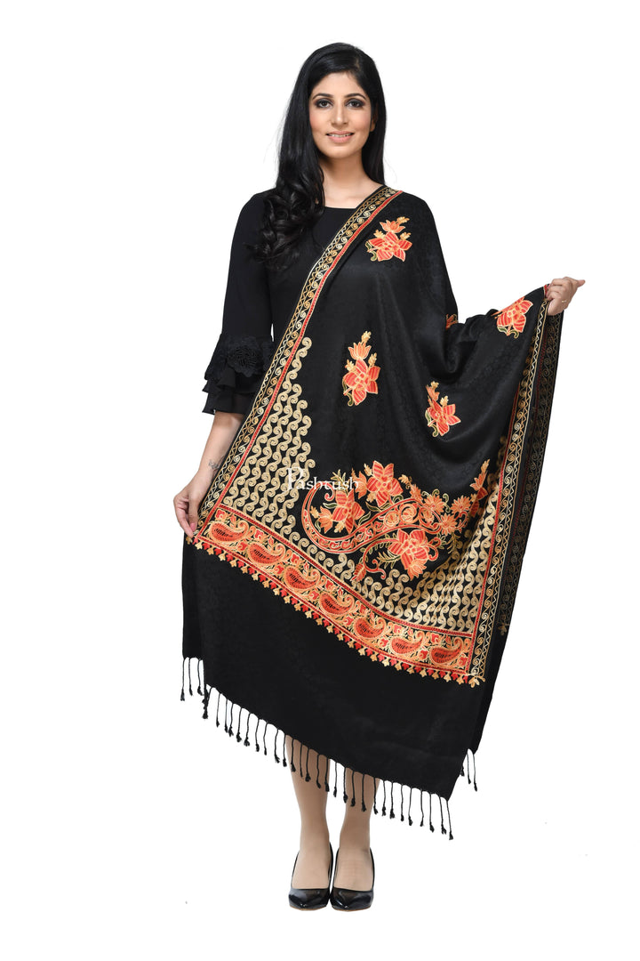 Pashwool Womens Stoles and Scarves Scarf Pashwool, Womens Kashmiri Aari Embroidery Stole, Soft Bamboo Black