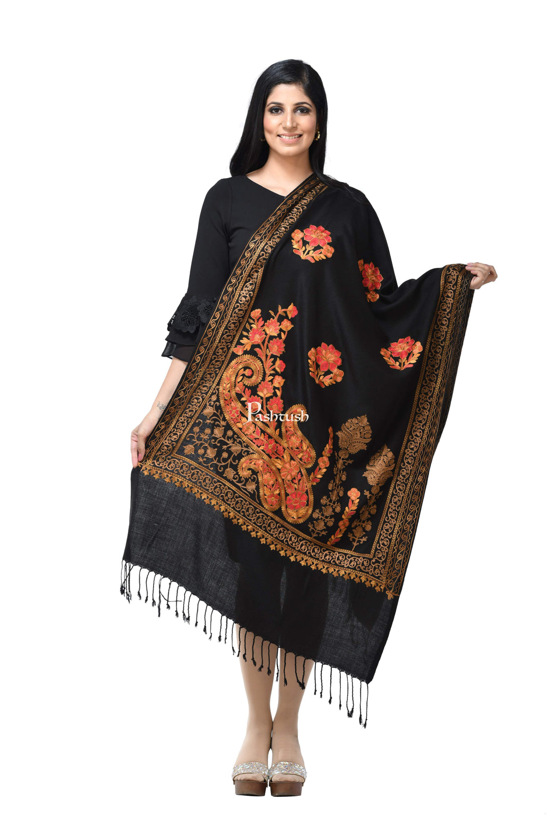 Pashwool Womens Stoles and Scarves Scarf Pashwool, Womens Kashmiri Aari Embroidery Stole, Soft Bamboo, Black