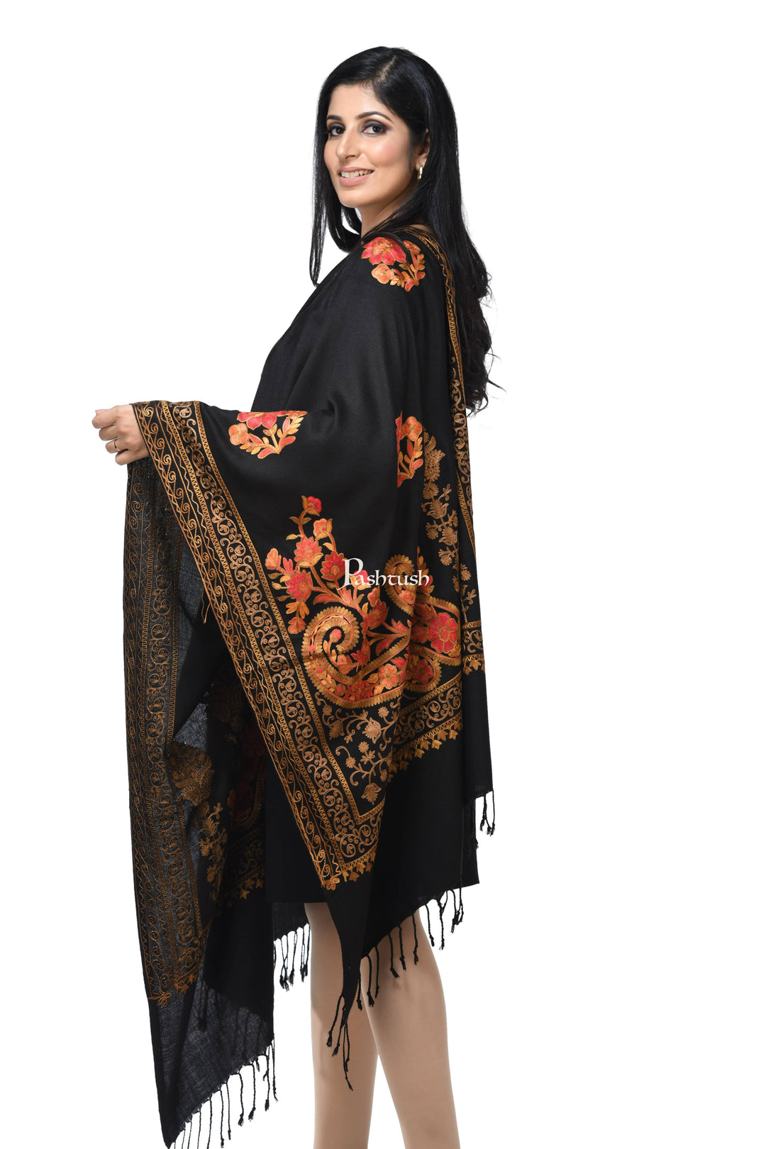 Pashwool Womens Stoles and Scarves Scarf Pashwool, Womens Kashmiri Aari Embroidery Stole, Soft Bamboo, Black