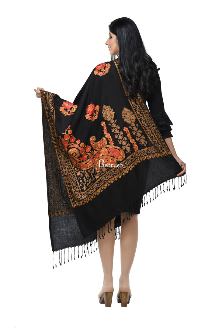 Pashwool Womens Stoles and Scarves Scarf Pashwool, Womens Kashmiri Aari Embroidery Stole, Soft Bamboo, Black